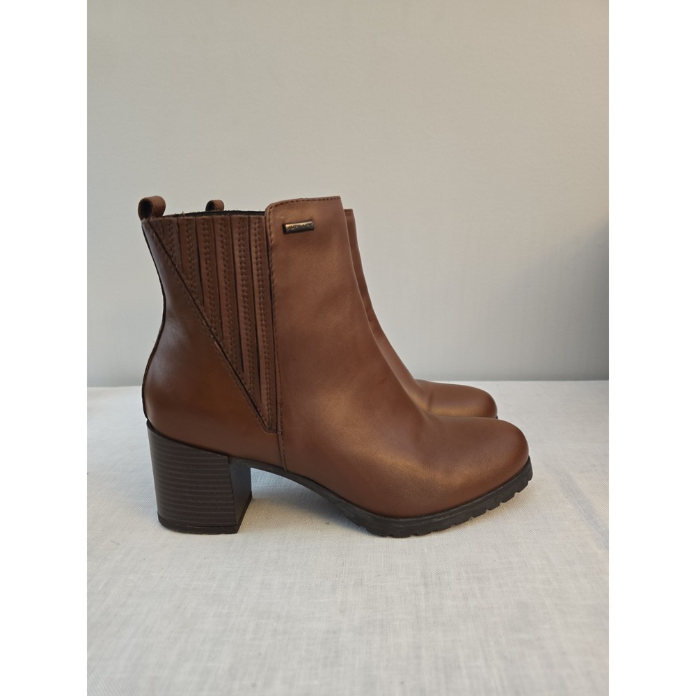 Geox Women's Amphibiox Brown Leather Pull On Chelsea Boot With Heel Size 38 7.5